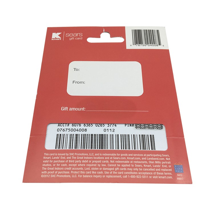 Tarjeta promocional de regalo de tamaño estándar de plástico con soporte/respaldo de papel personalizado