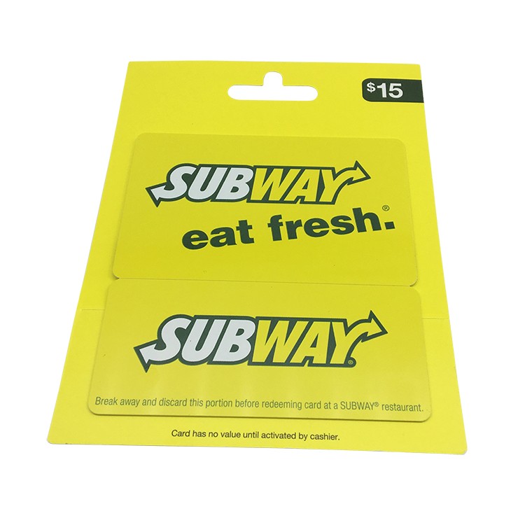 Tarjeta promocional de regalo de tamaño estándar de plástico con soporte/respaldo de papel personalizado