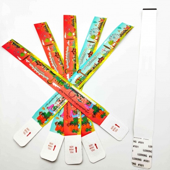 Pulsera desechable de papel PP resistente al agua para eventos con billete de entrada a parques de atracciones