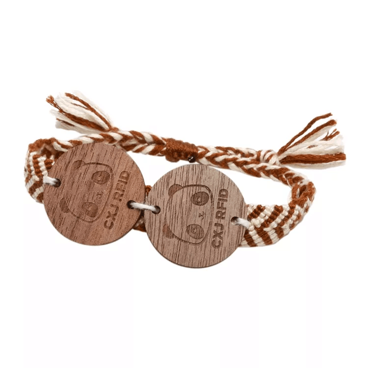 Pulsera de madera RFID de moda ajustable con logotipo personalizado grabado en madera tejida a mano NFC