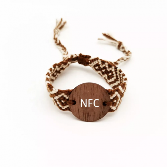 Pulsera de madera RFID de moda ajustable con logotipo personalizado grabado en madera tejida a mano NFC