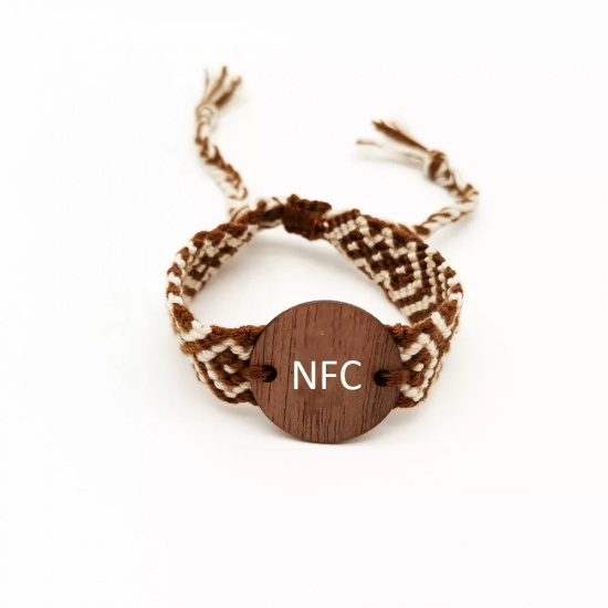 Pulsera de madera RFID de moda ajustable con logotipo personalizado, pulsera NFC tejida a mano grabada en madera