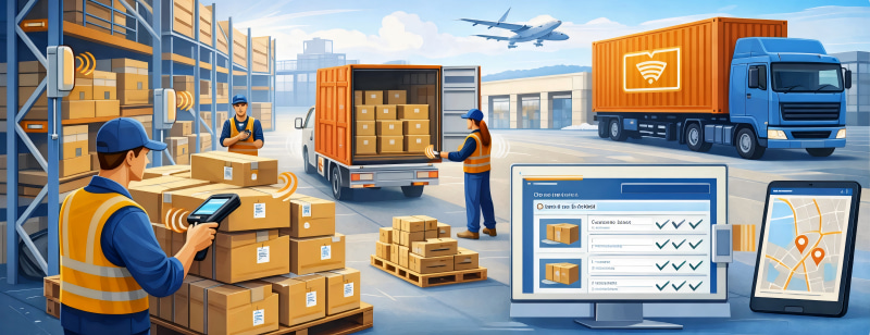 RFID logistics tracking system with UHF RFID tags in warehouse