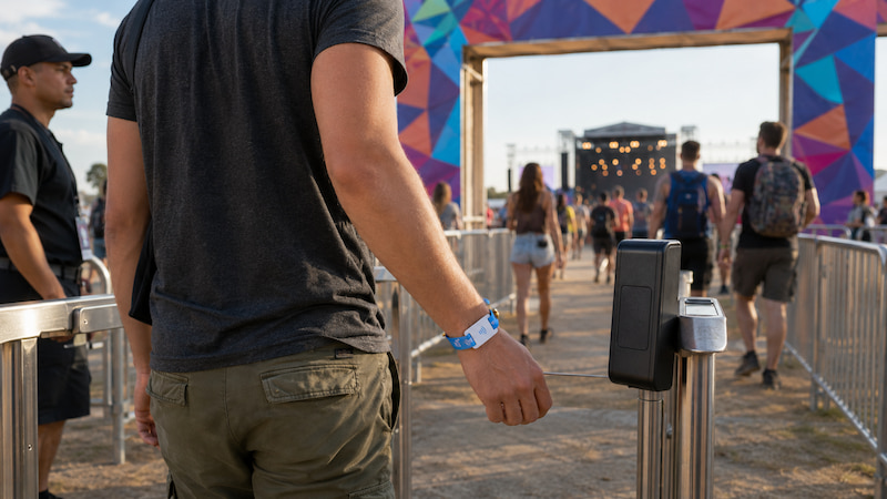 RFID PVC card woven wristband scanned at an event entrance