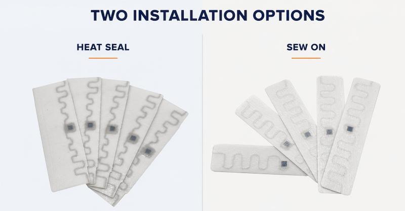 Sew on and heat seal installation methods for UHF RFID laundry tags