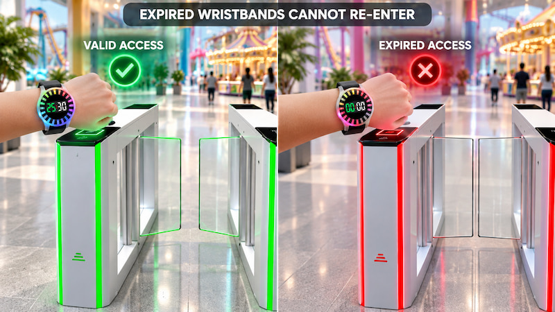 Turnstile allowing valid RFID wristband access and blocking expired access