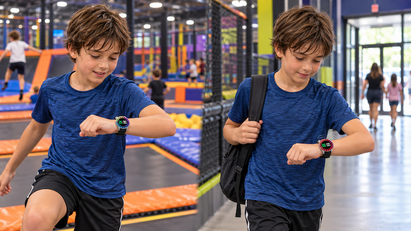 Same visitor checking an MH-CR03 wristband during an active session and after the countdown reaches zero at an indoor trampoline park