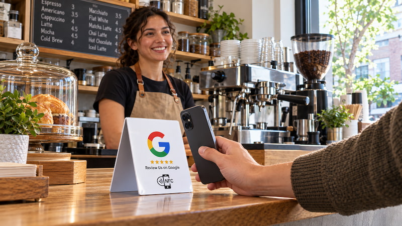 Customer tapping a smartphone on an NFC Google review stand at a caf&eacute; counter