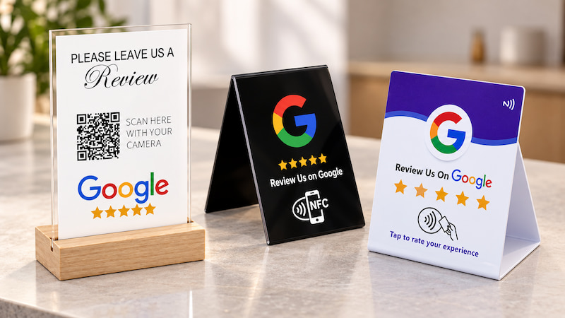 Google review stands in wood-base acrylic, black A-frame and purple-and-white folded PVC styles