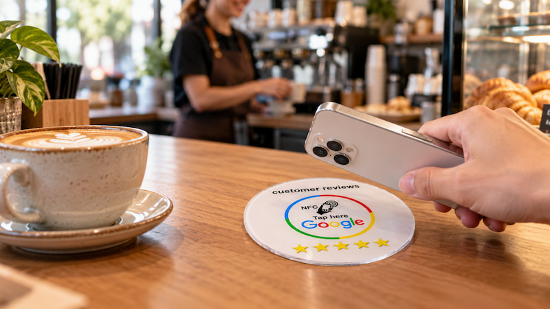 Customer tapping a round acrylic NFC Google review plaque with a smartphone at a café counter Customer tapping a round acrylic NFC Google review plaque with a smartphone at a café counter