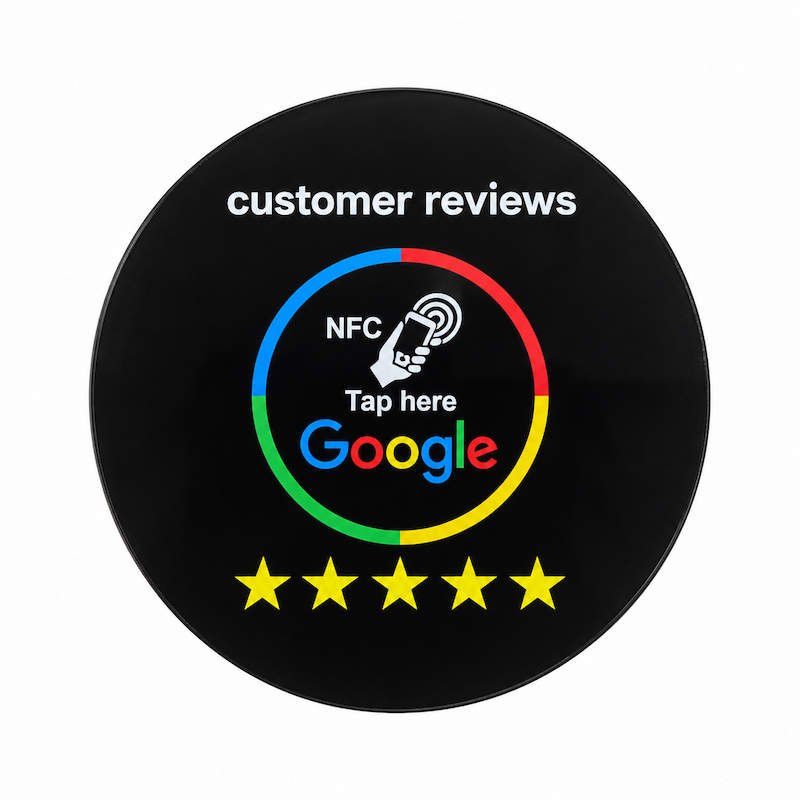 Black round self-adhesive acrylic NFC Google review plaque